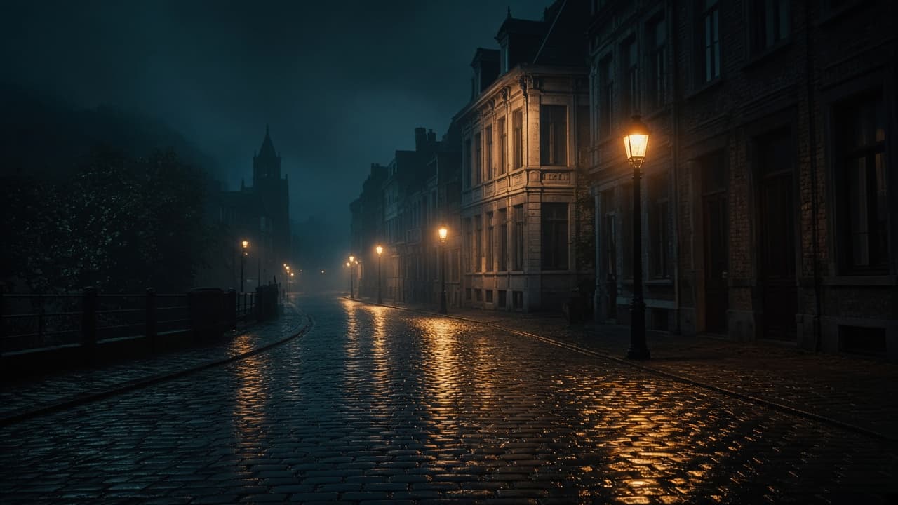 Rue pavée belge de nuit, lampadaires dans la brume, atmosphère Eupen / Verviers / Liège