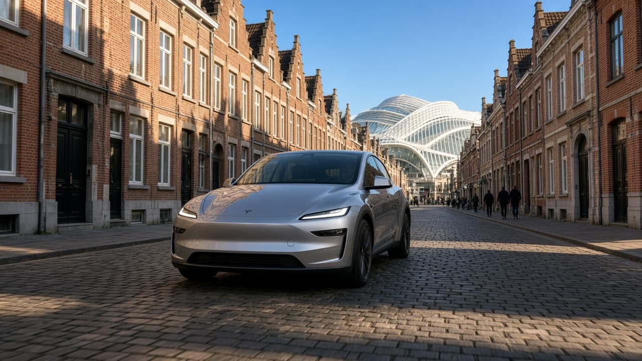 Tesla Model Y argent sur une rue pavée, gare de Liège-Guillemins en arrière-plan